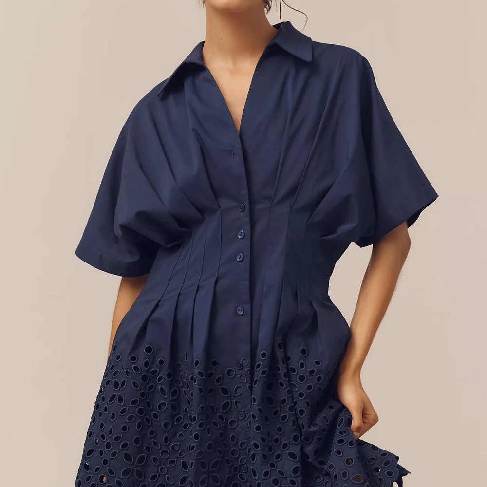 Navy Eyelet Mini Shirt Dress